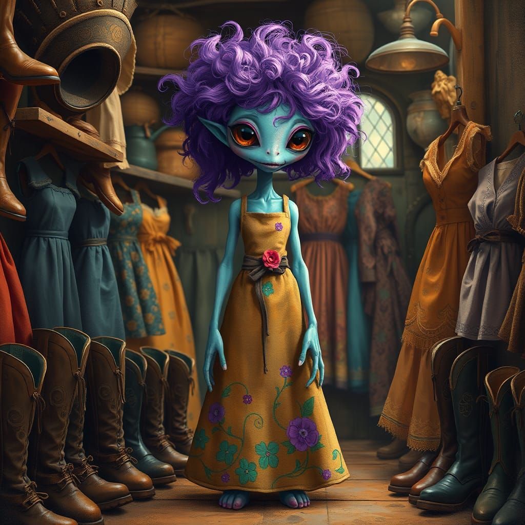 Whimsical Alien Tailor in Abstract Digital Art Style