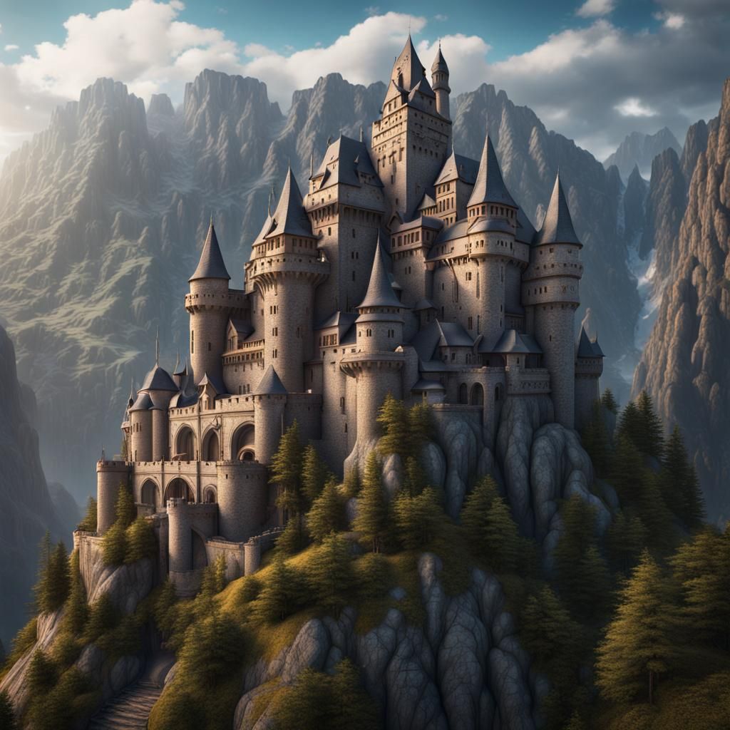 Majestic Castle in Mountains: Detailed Matte Painting