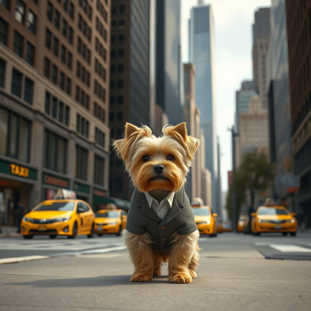 Realistic Yorkie in Suit Stands on NYC Street