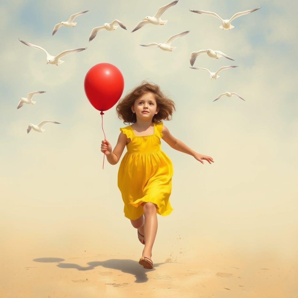 Girl with Balloon on Misty Beach, Evoking Romanticism