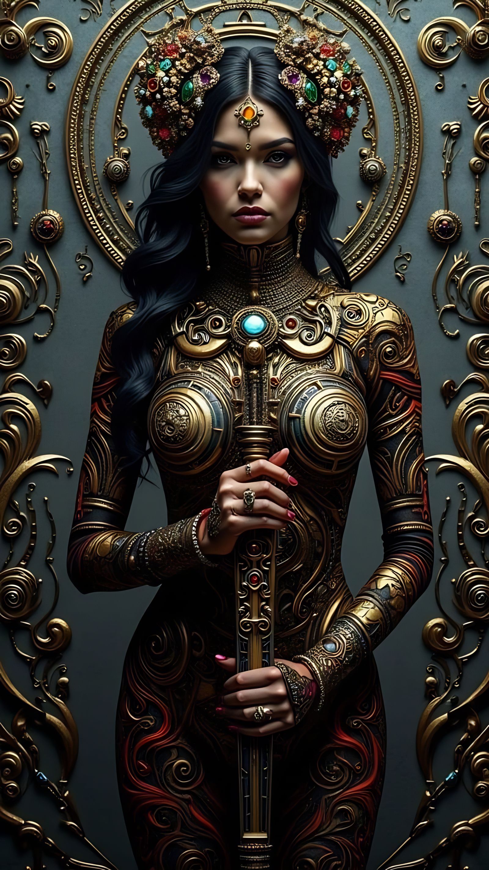 Dark Gothic Cyberpunk Warrior in Monochrome Majesty