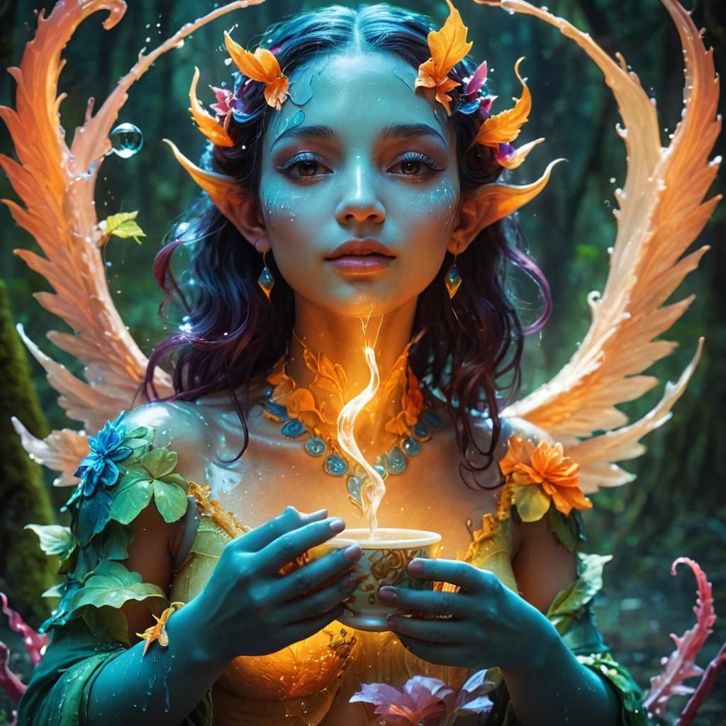 Water Nymph Enchanted by Celestial Tea in Vibrant Forest