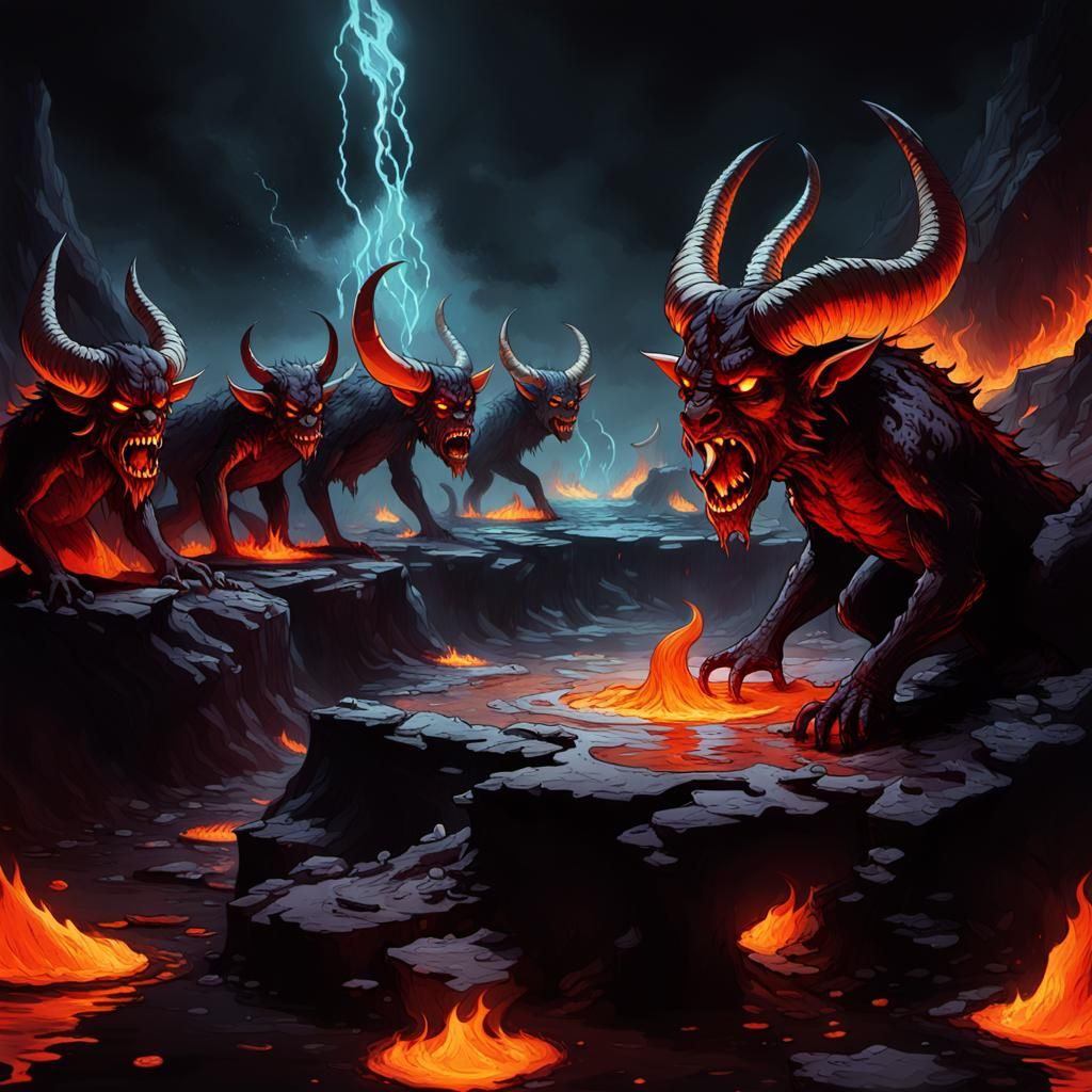 Hellish Demons Drinking from Lava Pool in Dark Fantasy