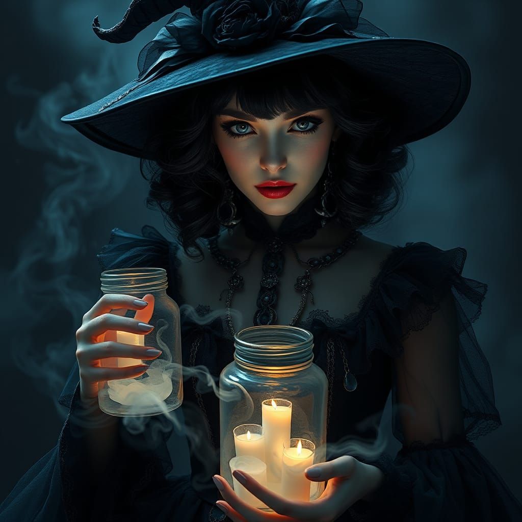 Mysterious Gothic Woman with Spell Jar