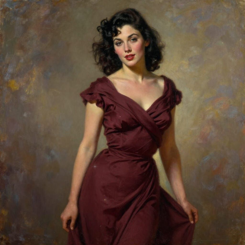 1950s Pin-Up Woman in Tonalist Oil Painting Style