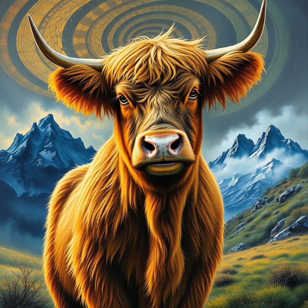 Fluorescent Impasto Calf in Hyperdetailed Landscape
