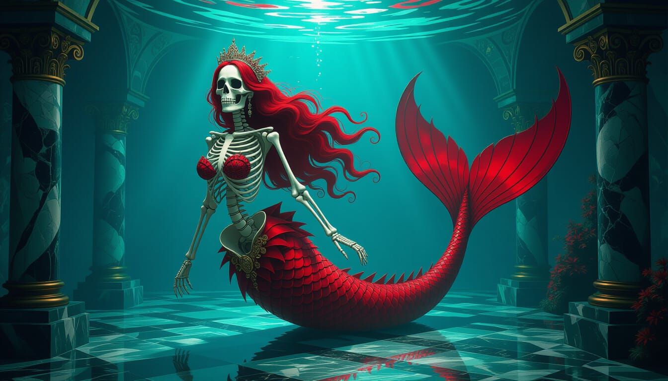 Regal Skeletal Mermaid Princess in Steampunk Underwater Cham...