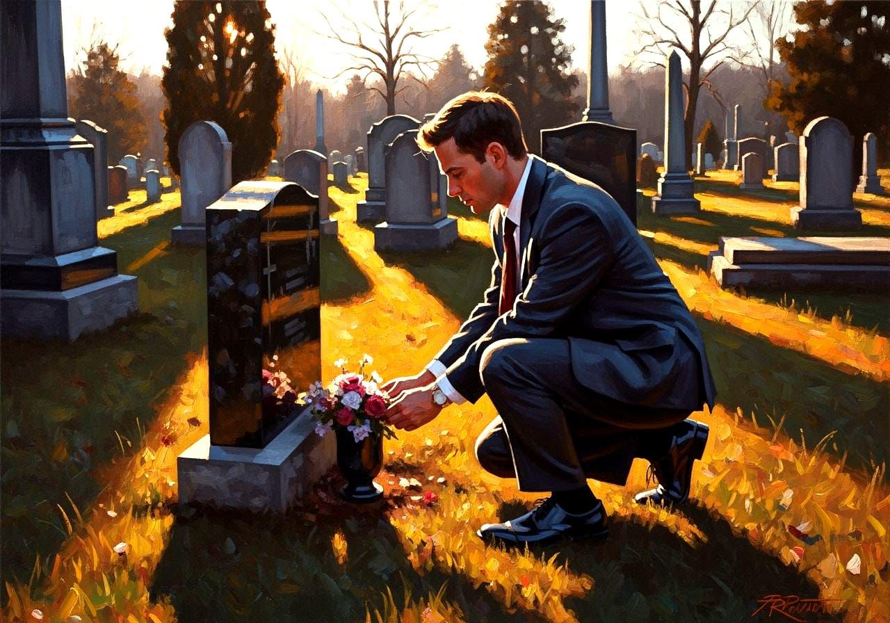 Man Places Flowers at Grave in Dramatic Oil Painting