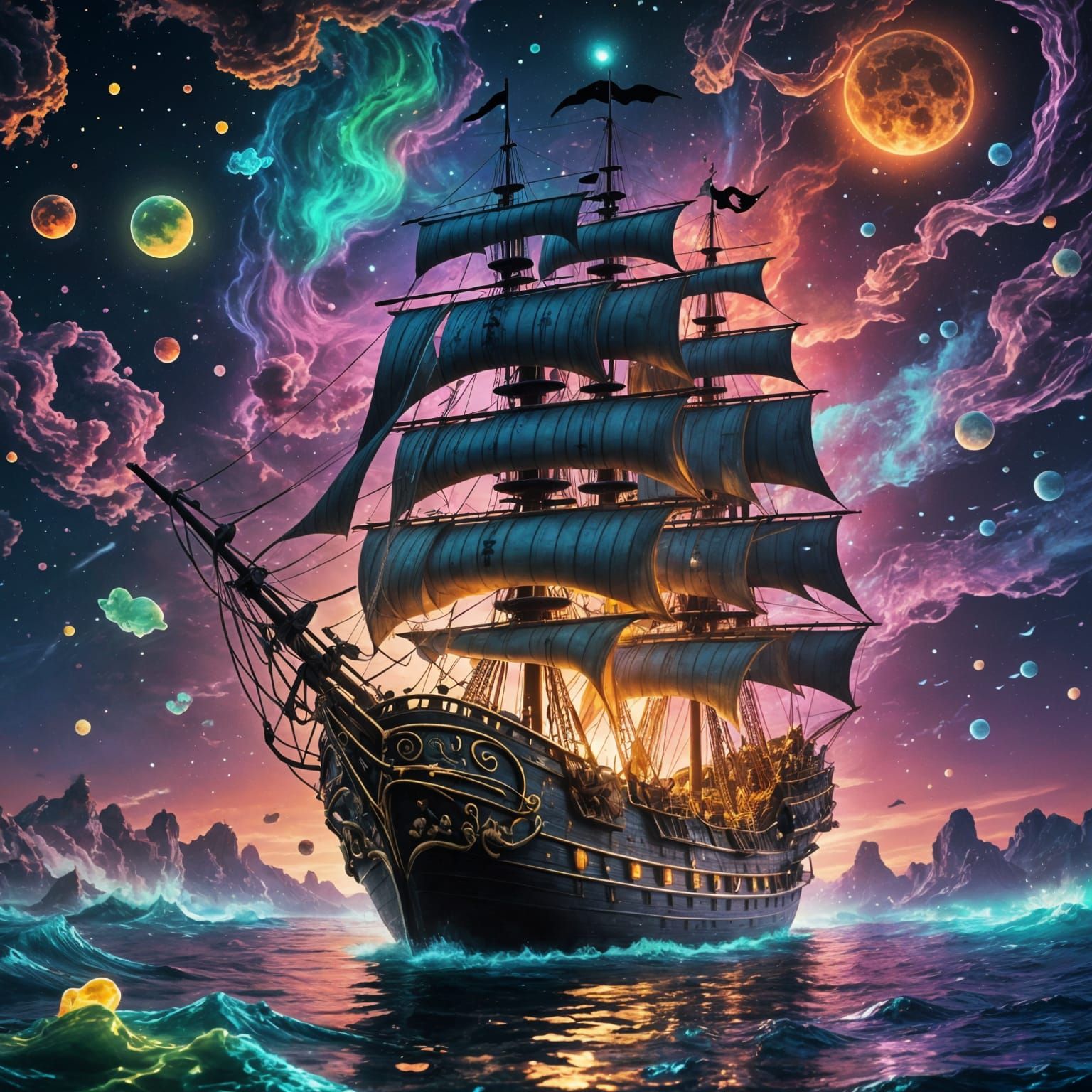 Bioluminescent Pirate Ship at Night: Cosmic Illustration