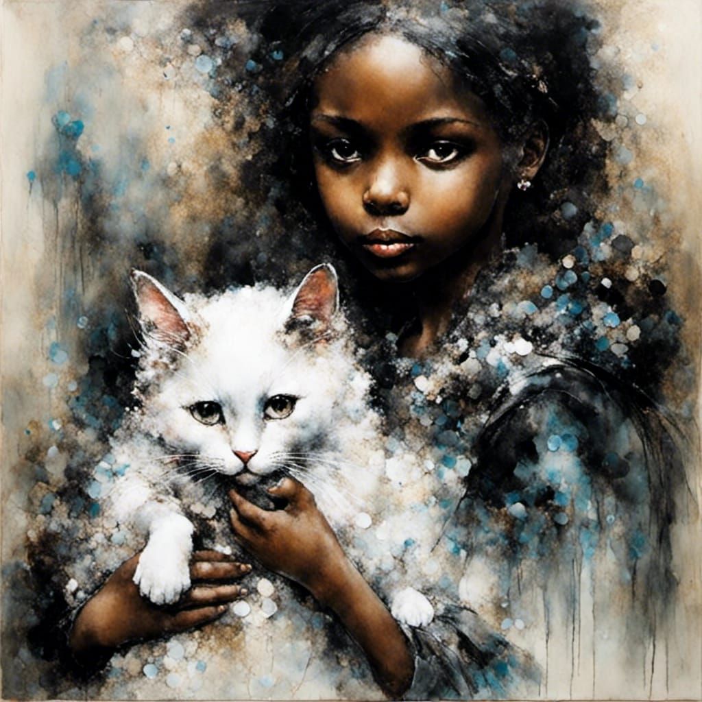 Girl with Cat in Alcohol Ink Style