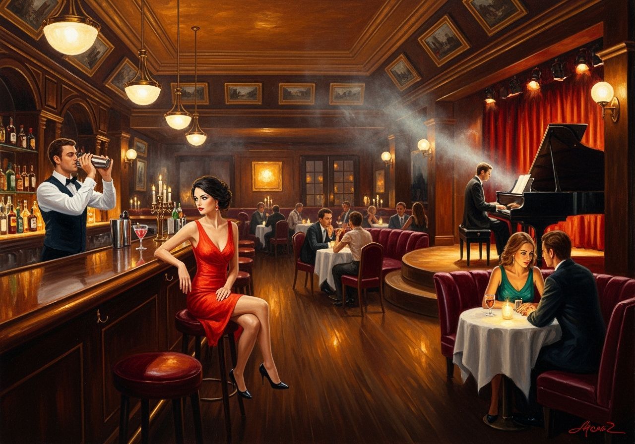 Late Night Piano Bar Oil Painting in Romantic Realism Style