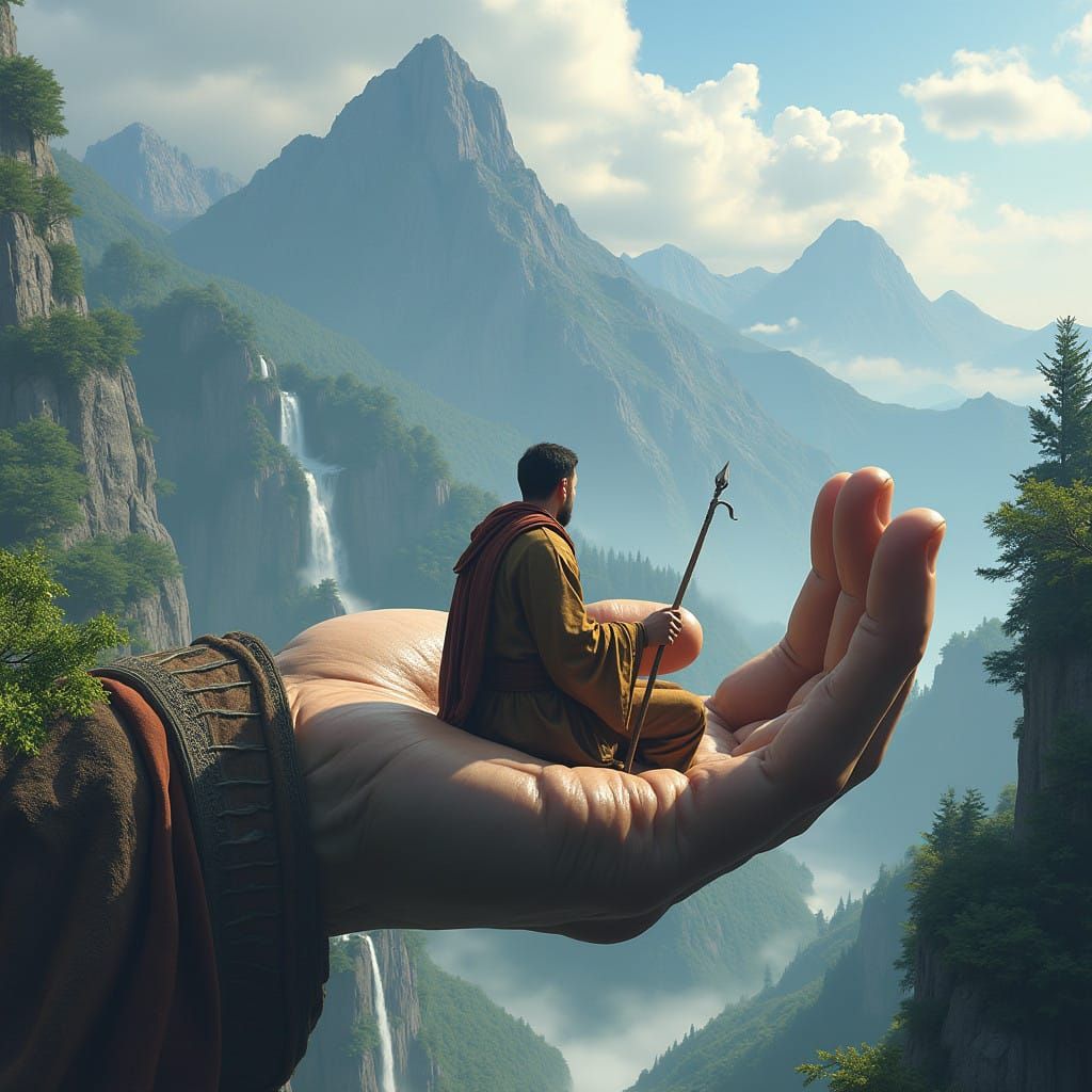 Man in Ancient Hand Amidst Majestic Mountains