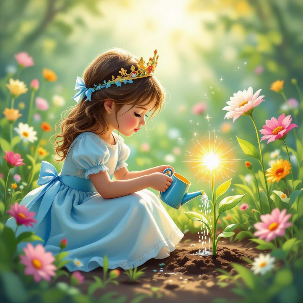 Princess Watering a Glowing Seed in Whimsical Garden