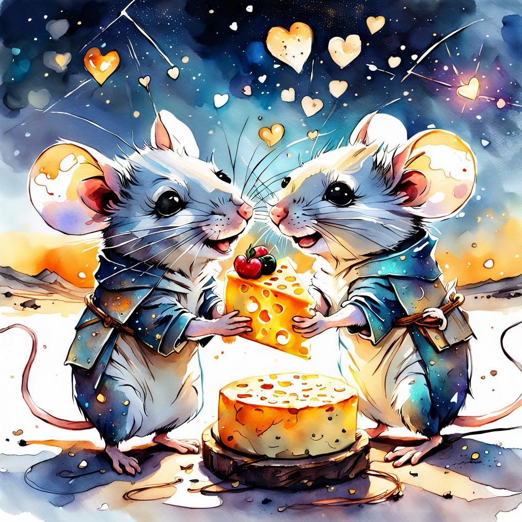 Cute Chibi Mice Date in Watercolor Fantasyscape