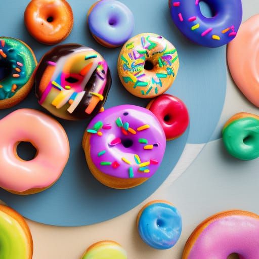 A colorful assorted donut kingdom Within A Glass Sphere, Diorama, pastries and sprinkles, Cyberpunk Lights, Digital Pain...