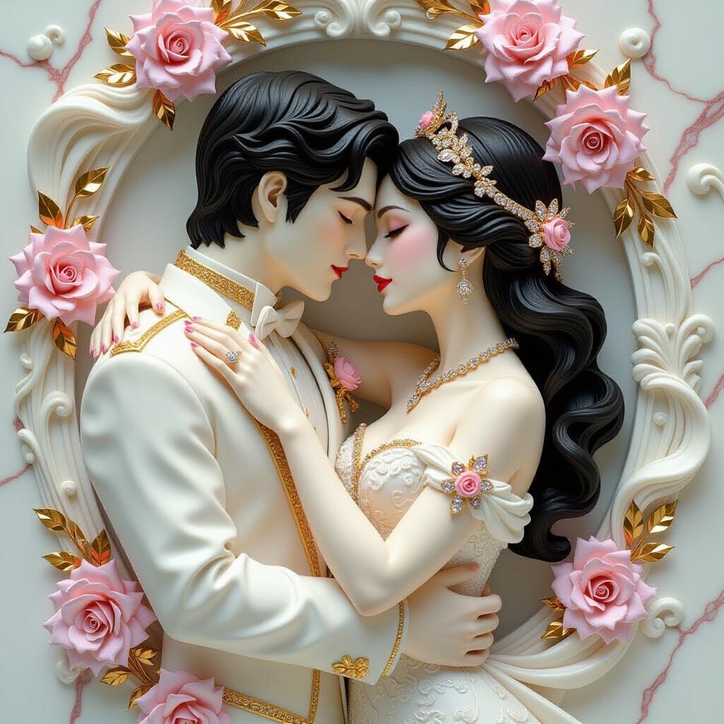 Romantic Marble Sculpture with Rose Gold and Jewels