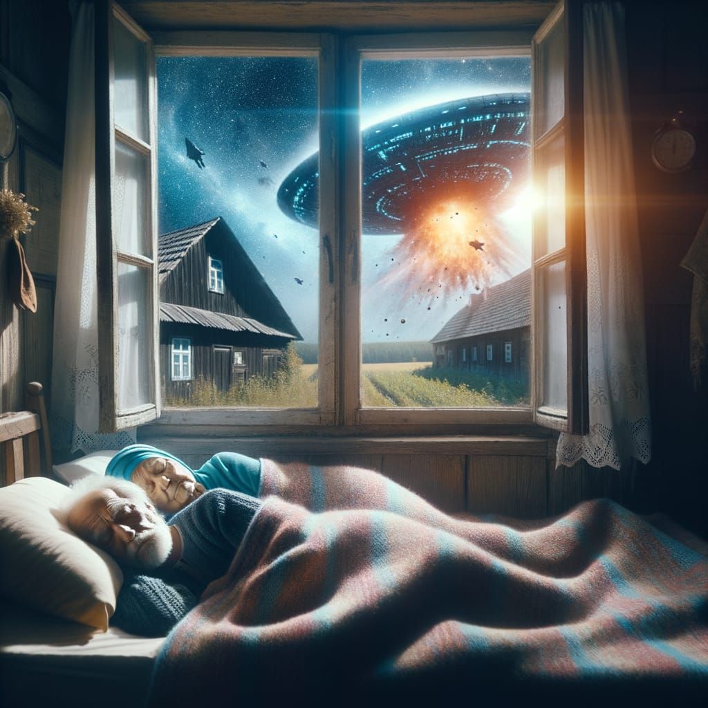 Elderly Couple and Spaceship Descent: Cinematic Still