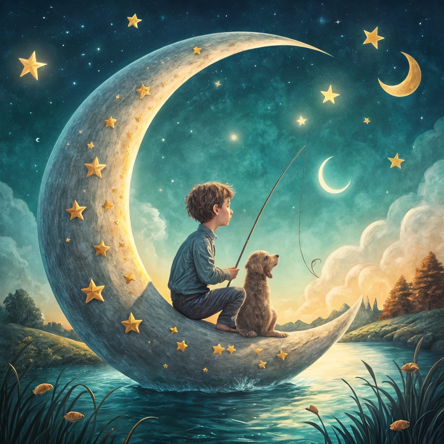 Boy and Dog on Crescent Moon, Aurora Borealis Night