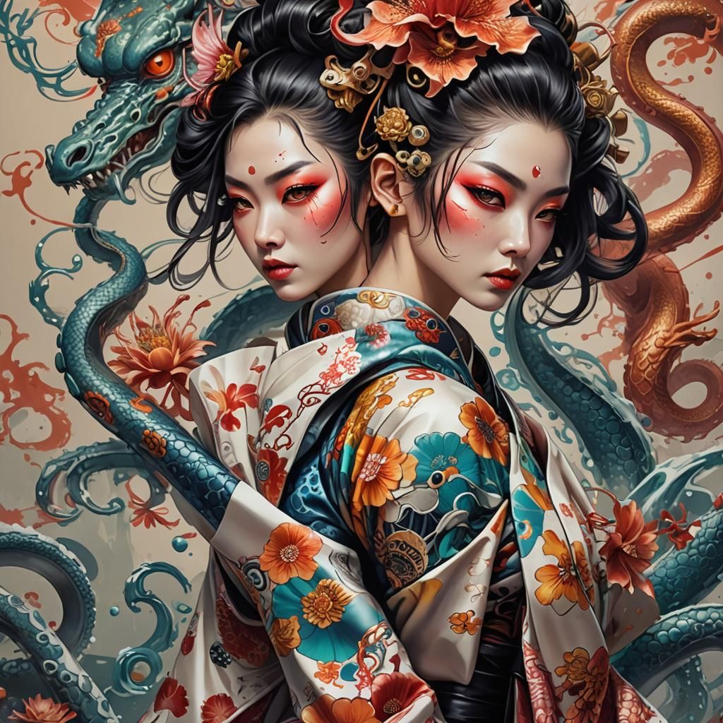 Hyperrealistic Cyborg Geisha with Dragon Tattoo