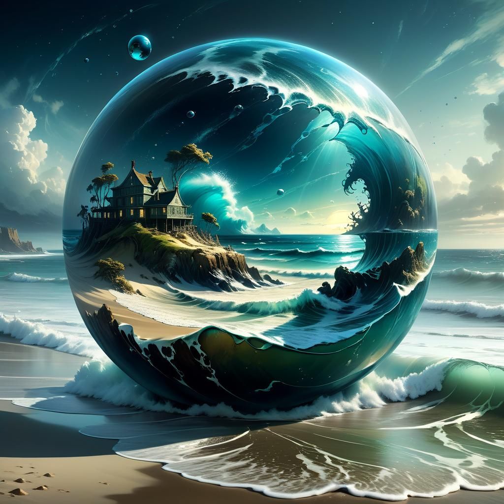 "beach front with ocean waves : within a sphere, detailed fantasy ocean background, hyperdetailed; by Kim Keever Antoine...