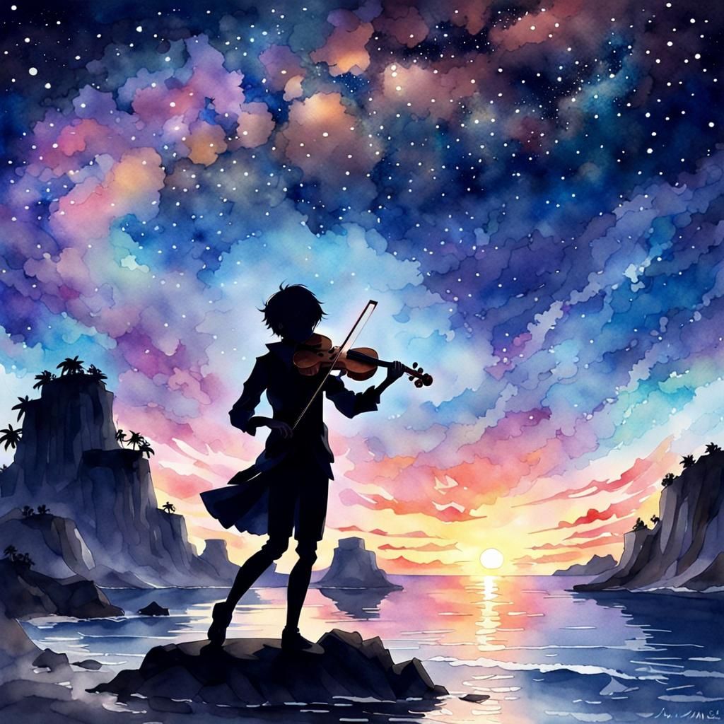 Silhouette Violinist on Starry Island: Anime Watercolor
