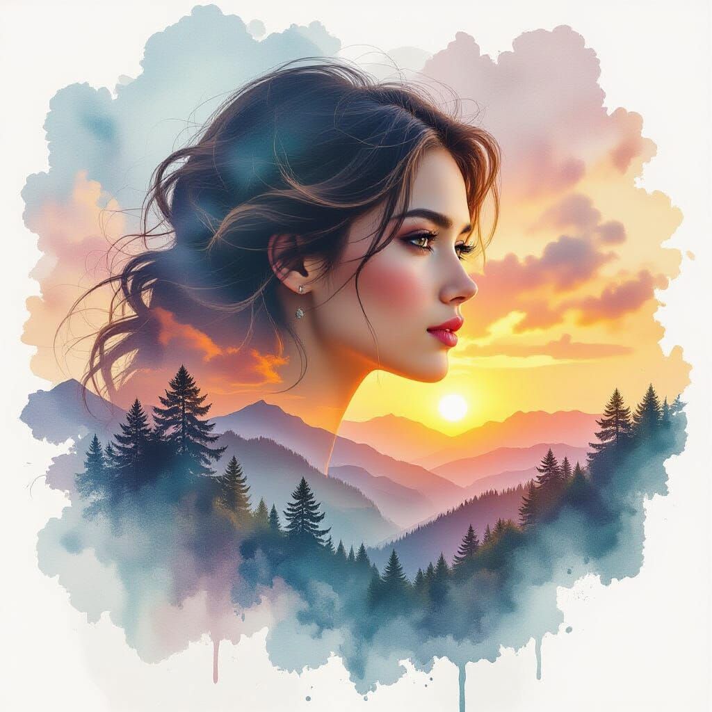 Eagle Portrait with Sunset Sky in Watercolor Style