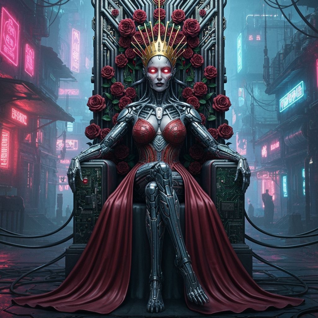 Cyborg Queen of Hearts on Circuit Board Throne