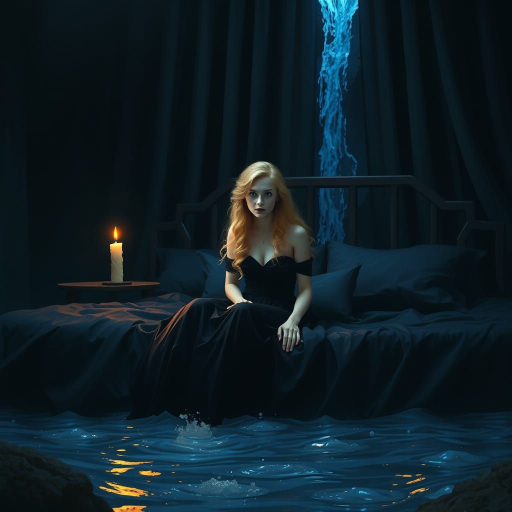 Flooded Room: Blonde Woman in Peril, Digital Art
