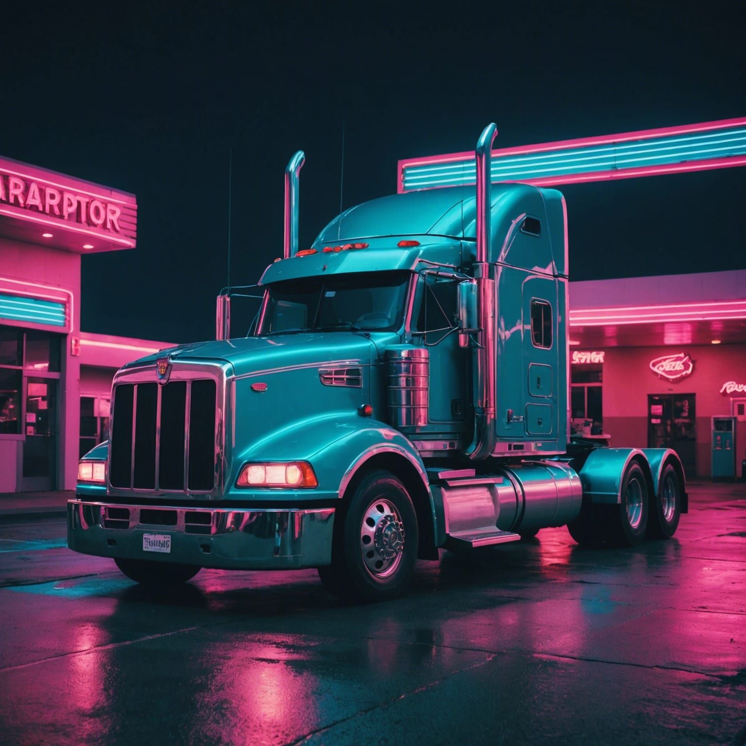 Semi Truck at Retro Neon Truck Stop