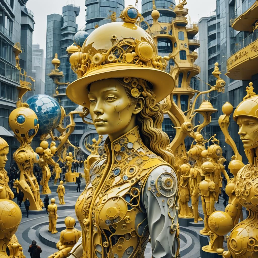 Futuristic Conference with Gzhel Ceramics in Sfumato Style