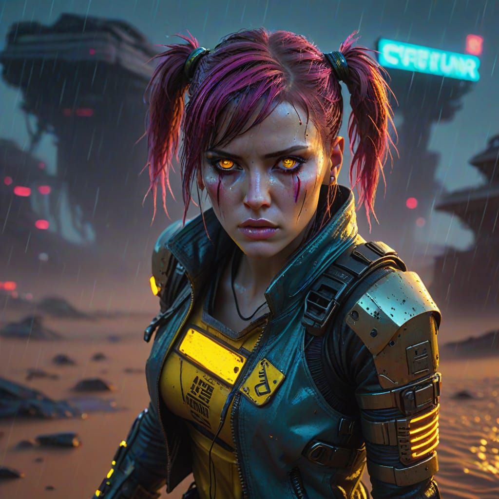Glowing Red Eyes Cyberpunk Anti-Hero in Neon Desert City