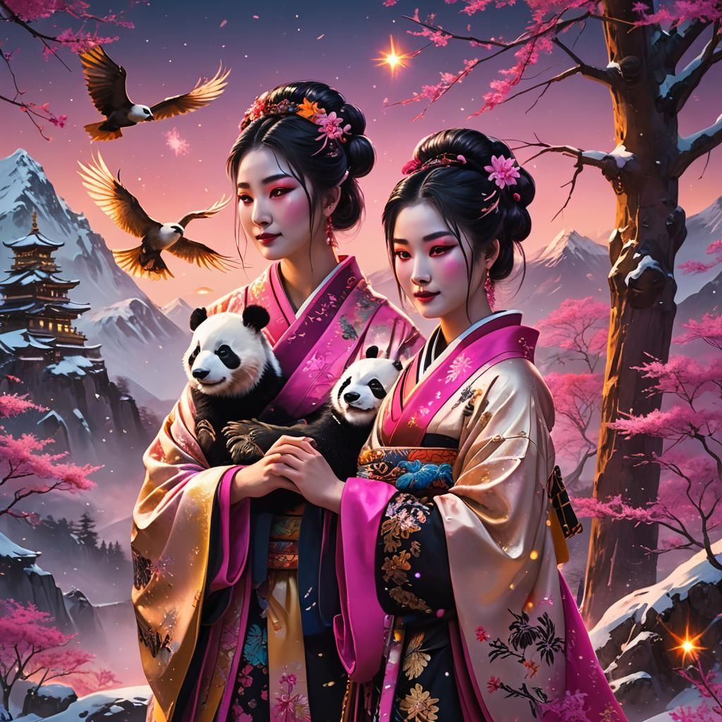 Geishas with Panda and Eagle in Digital Painting
