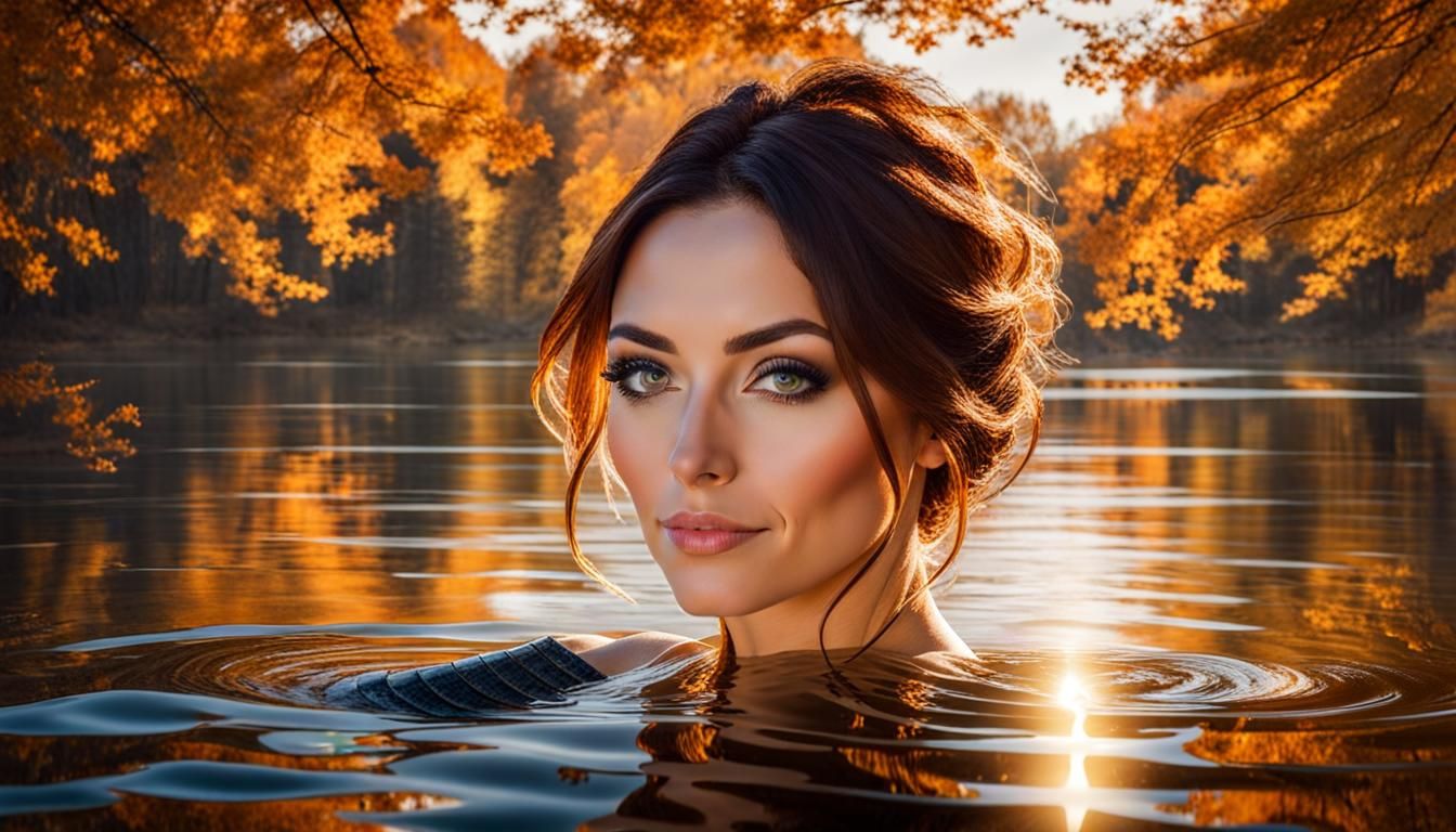 Woman Swimming in Autumn Lake: Photorealistic Artwork