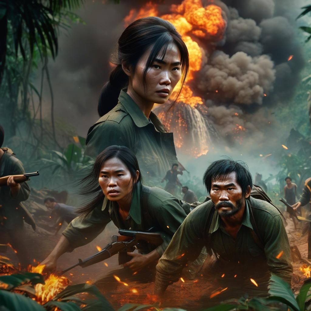 soviet vietnamese (uncovered:3) guerillas, (uncovered heads:3) dirty uncovered hairs, detailed scene of vietnam war, jun...