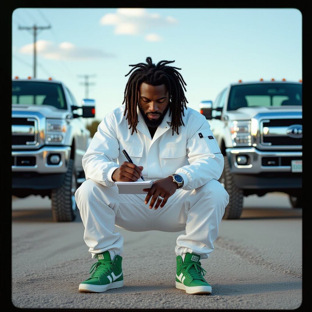 Man in White Jumpsuit with Dreadlocks and Green Sneakers
