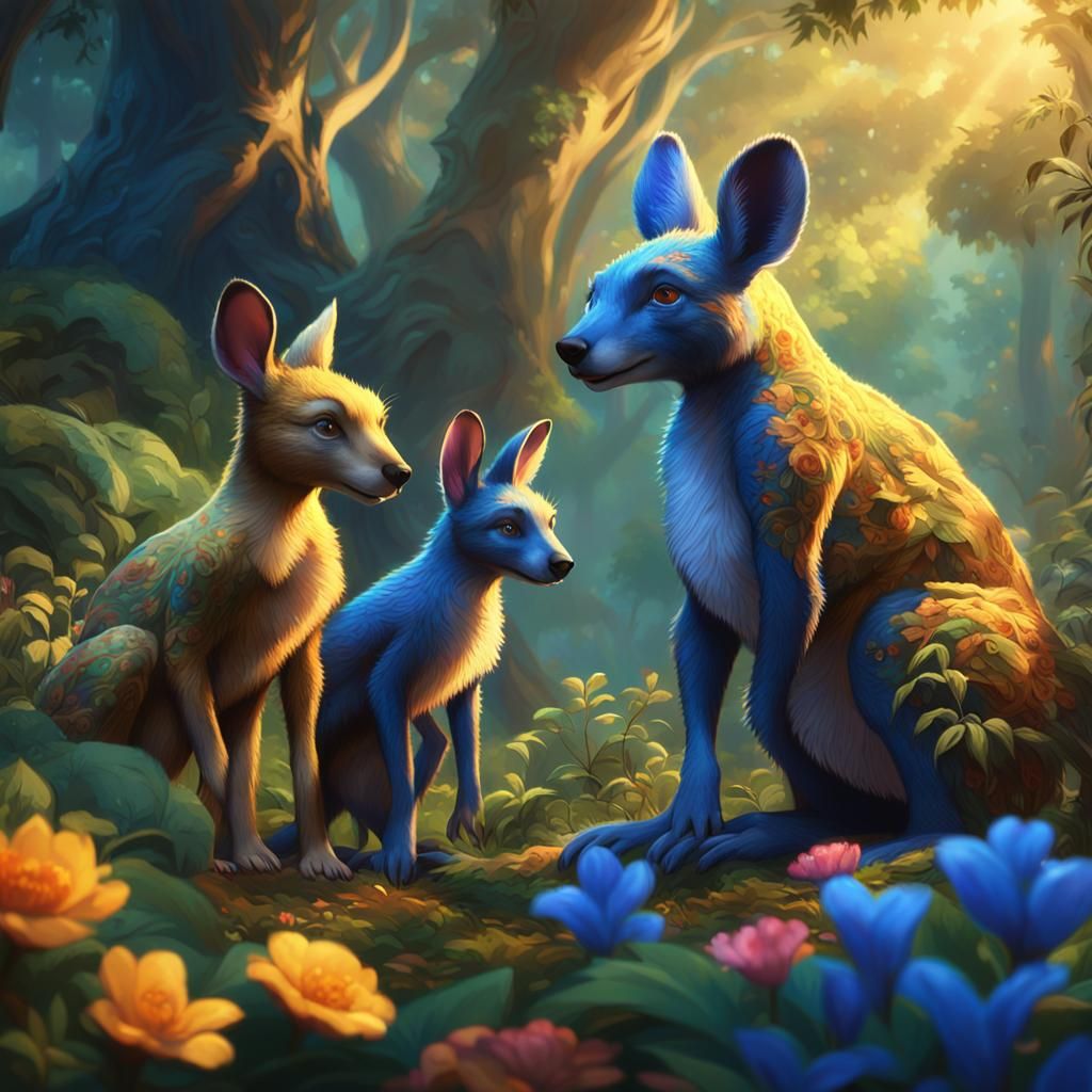 Kanga and Roo in Lush Forest, Fantasy Art