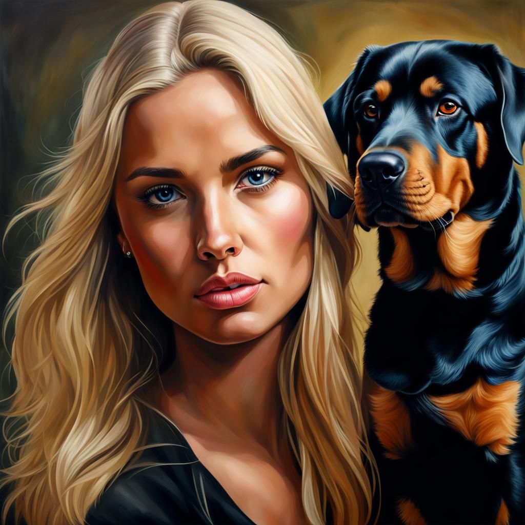 Hyperrealistic Portrait: Blonde Woman and Rottweiler