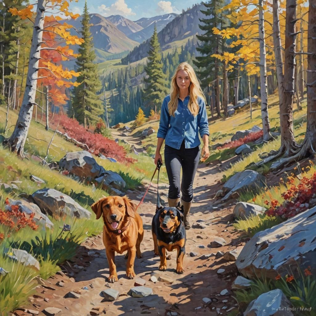 Impressionist Painting of Hikers with Dogs in Mountains