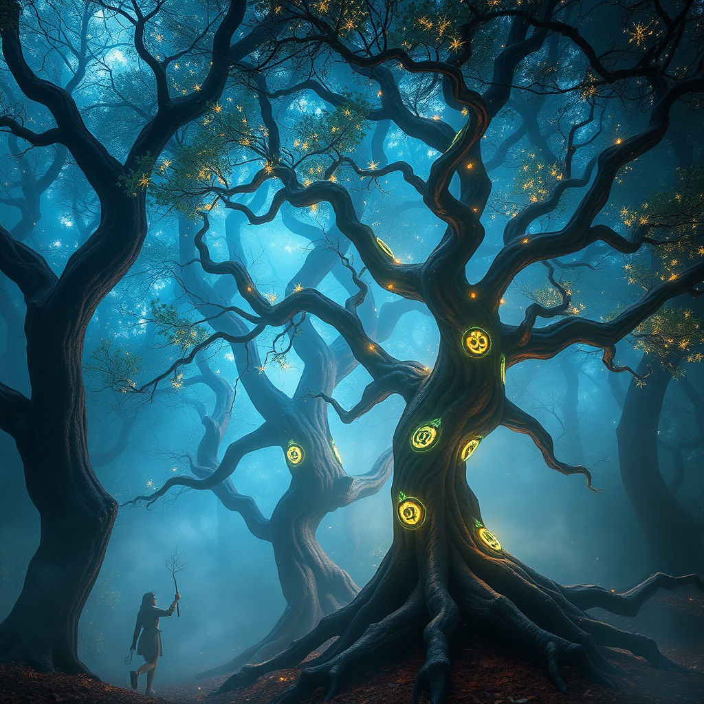 Mystical Forest: Dancing Trees with Ethereal Runes