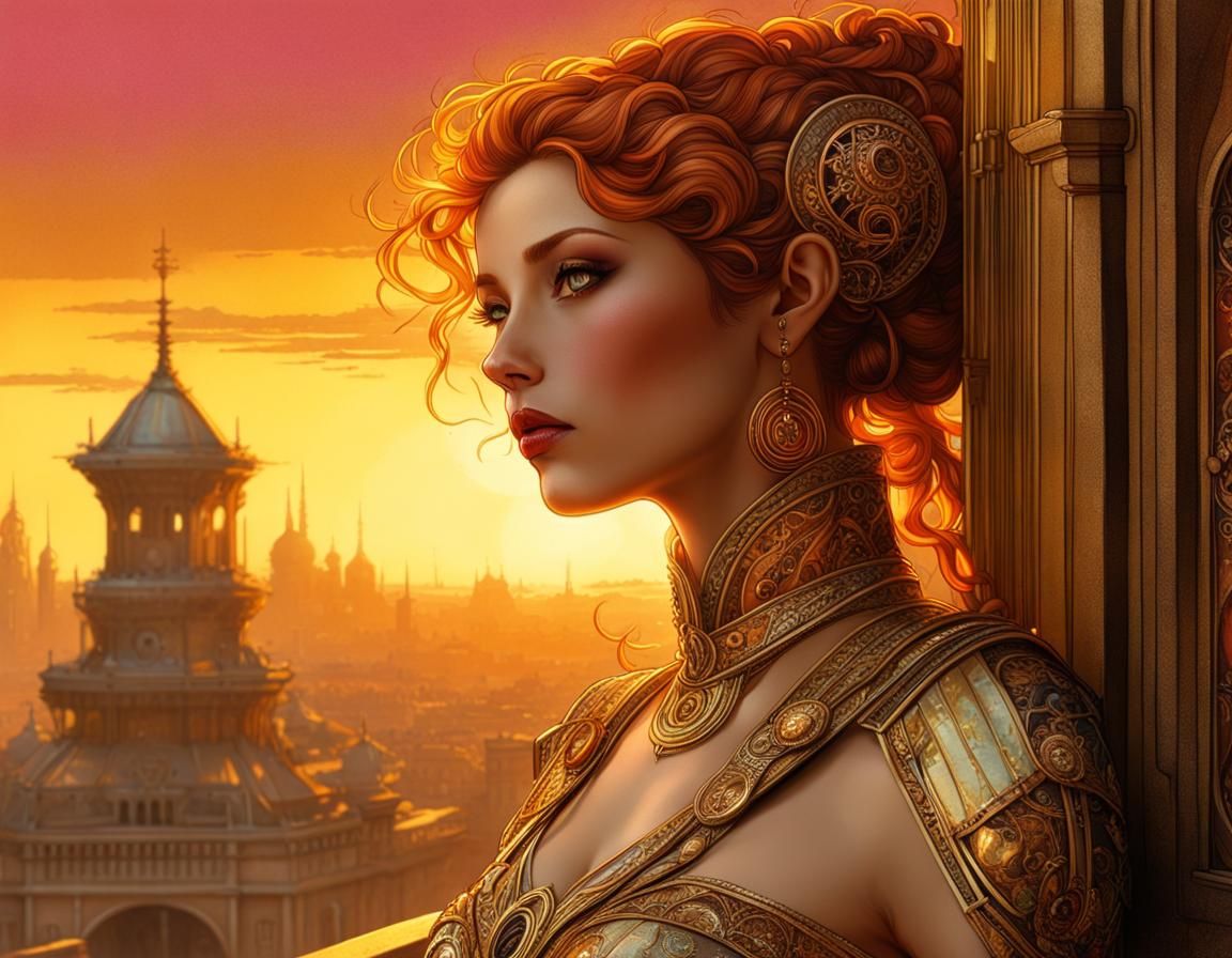 Sad Ginger Princess at Sunset in Cyberpunk Fairycore