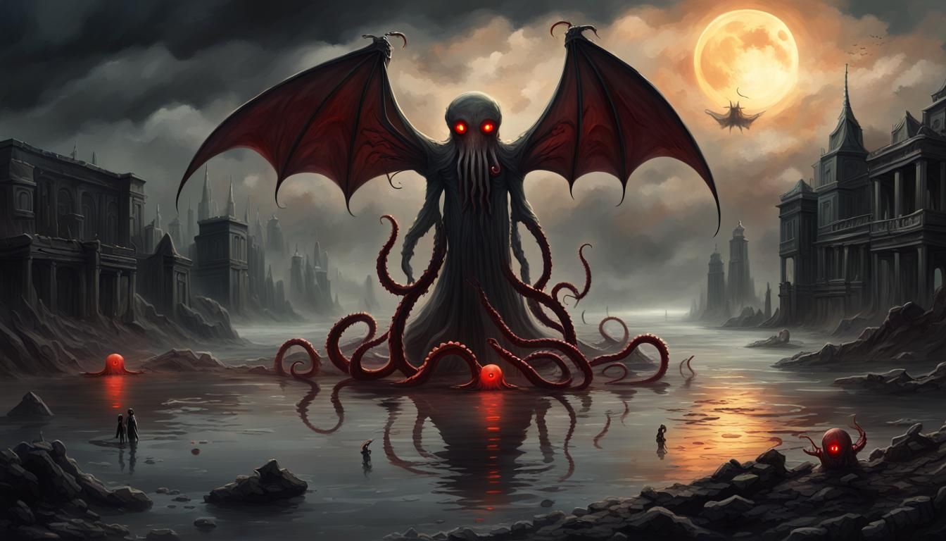 Cthulhu Emerges Under Red Moons, Sinister Scene