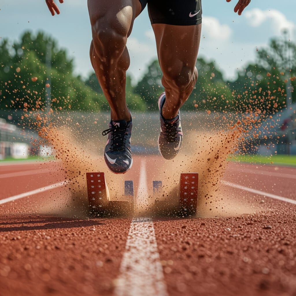 Explosive Sprinter Legs Bursting from Track in Action Photo