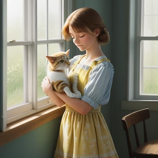 Girl and Cat at Window in Impressionist Style