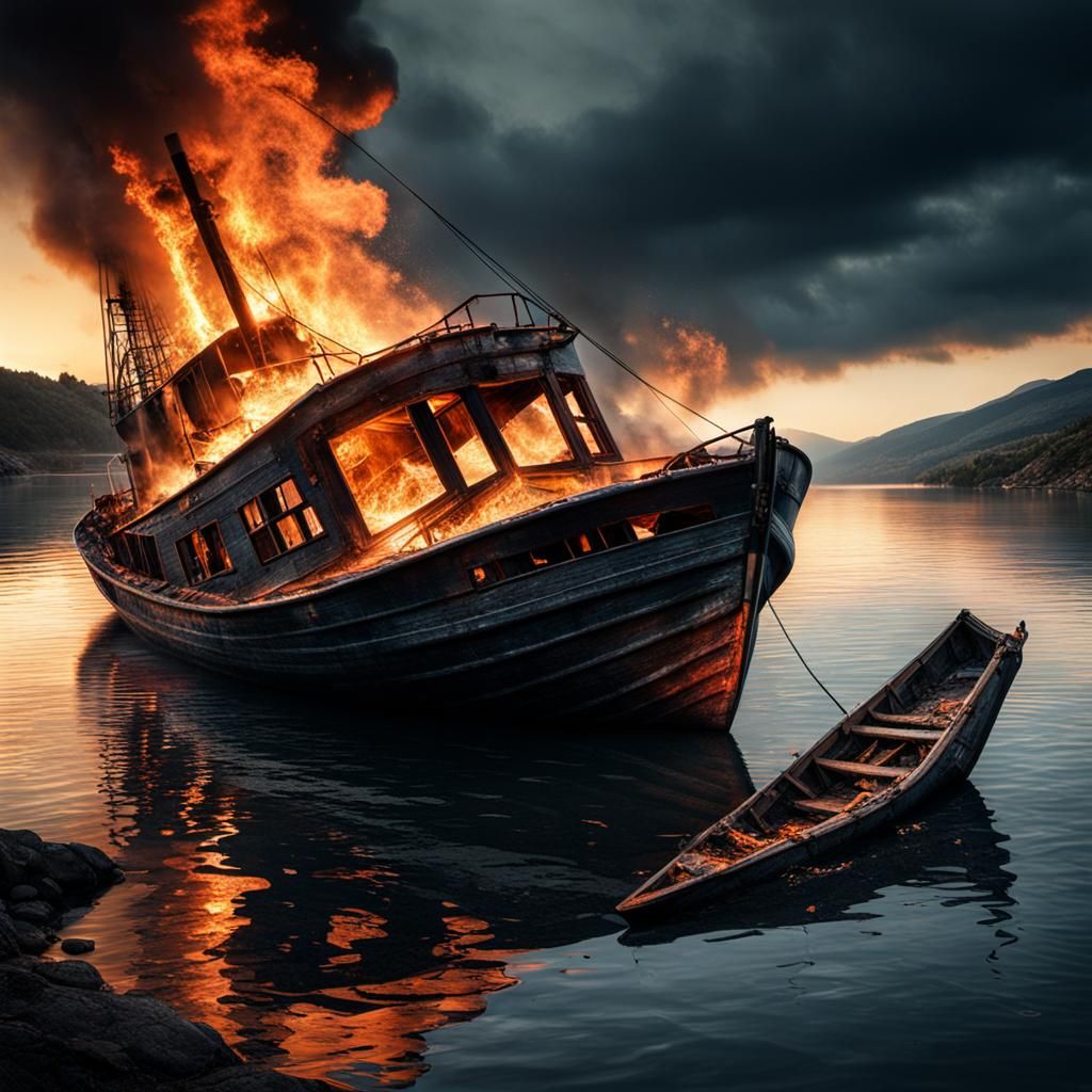 Boat Sinking into Fire: Hyperrealistic Cinematic Image