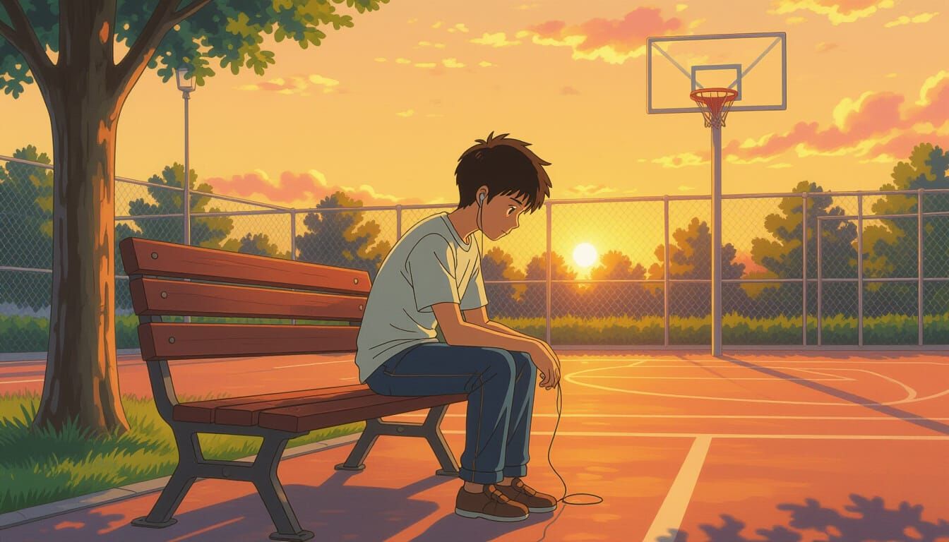 Teen Boy on Basketball Court at Sunset, Anime Style