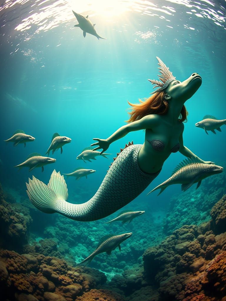Green Mermaid Swimming with Plesiosaurs in Great Barrier Ree...