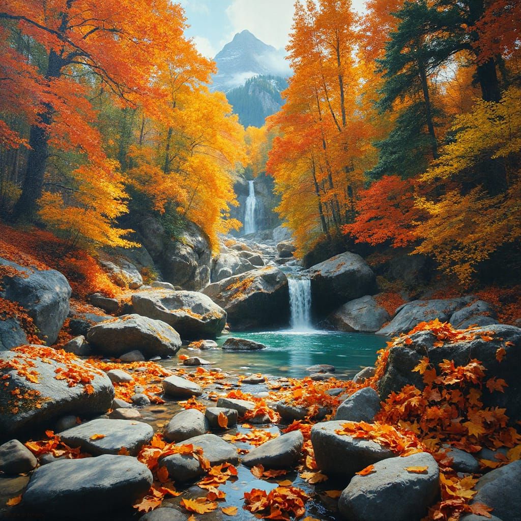 Impressionistic Autumn Forest Waterfall Painting