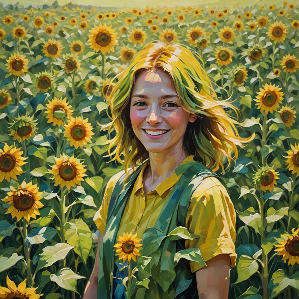 Sunflower Person in Meadow, Impressionist Oil Painting