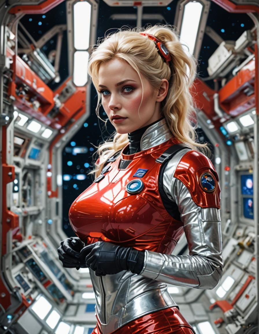 Blonde Space Babe in Red Sci-Fi Outfit