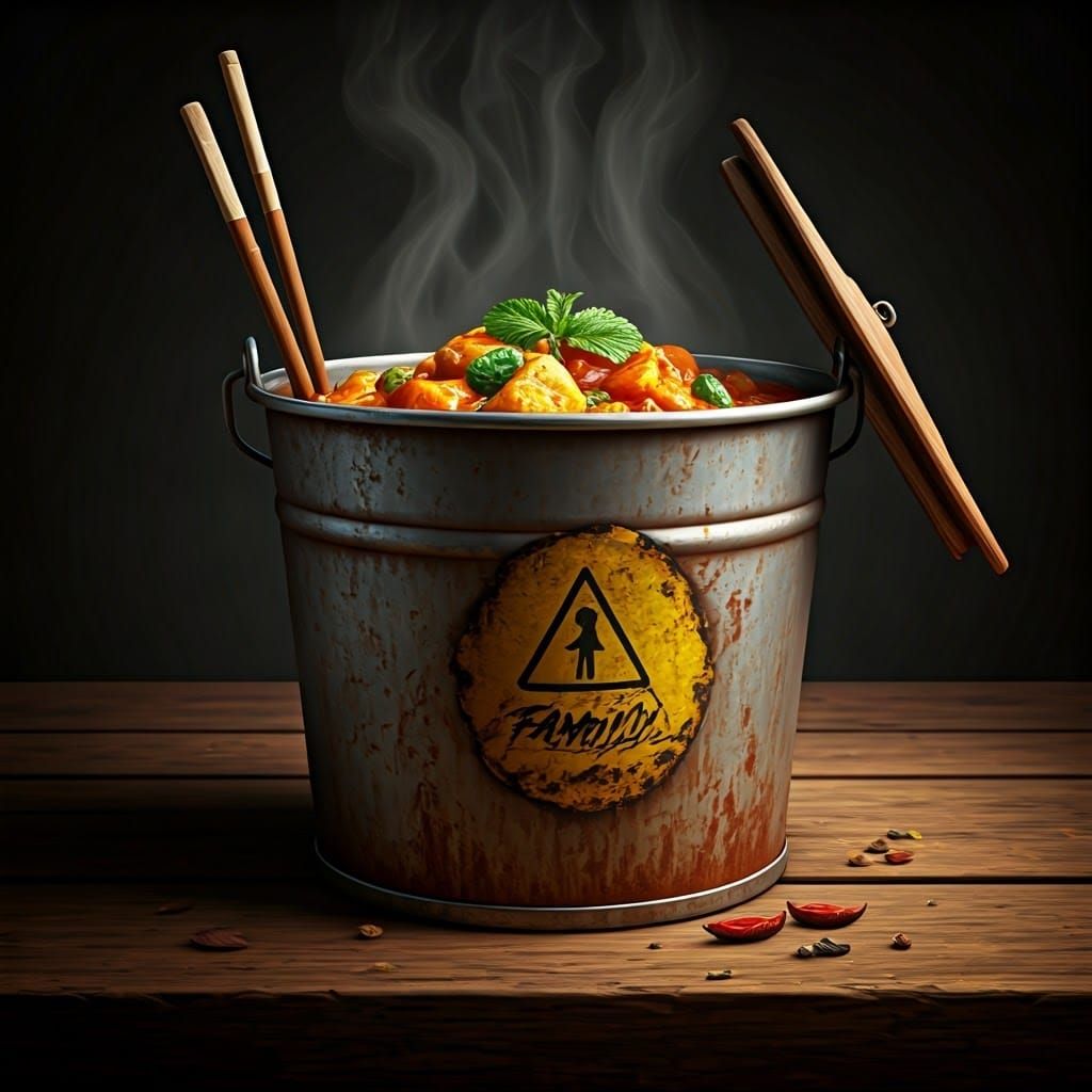 Indian Takeaway Curry in Rustic Bucket: Digital Art